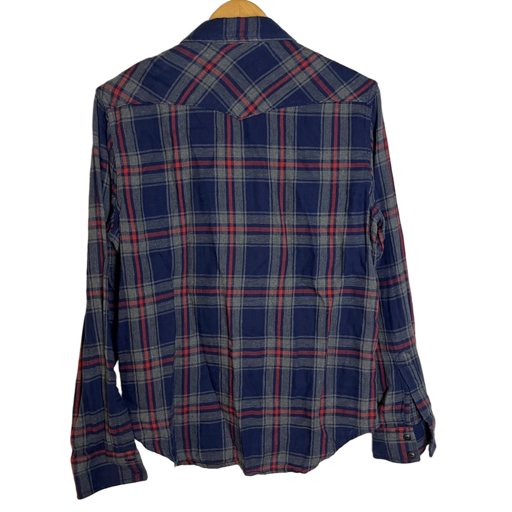 Lucky Brand Flannel Button Up Plaid Shirt Mens M Navy Red Cotton - Picture 13 of 16